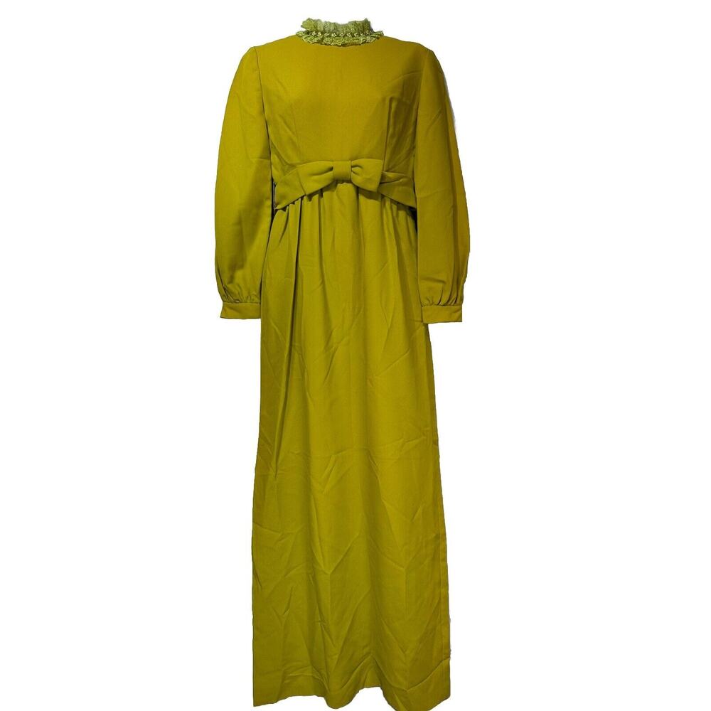 vintage lorrie deb green lace collar long sleeve bow waist modesty dress Size 9